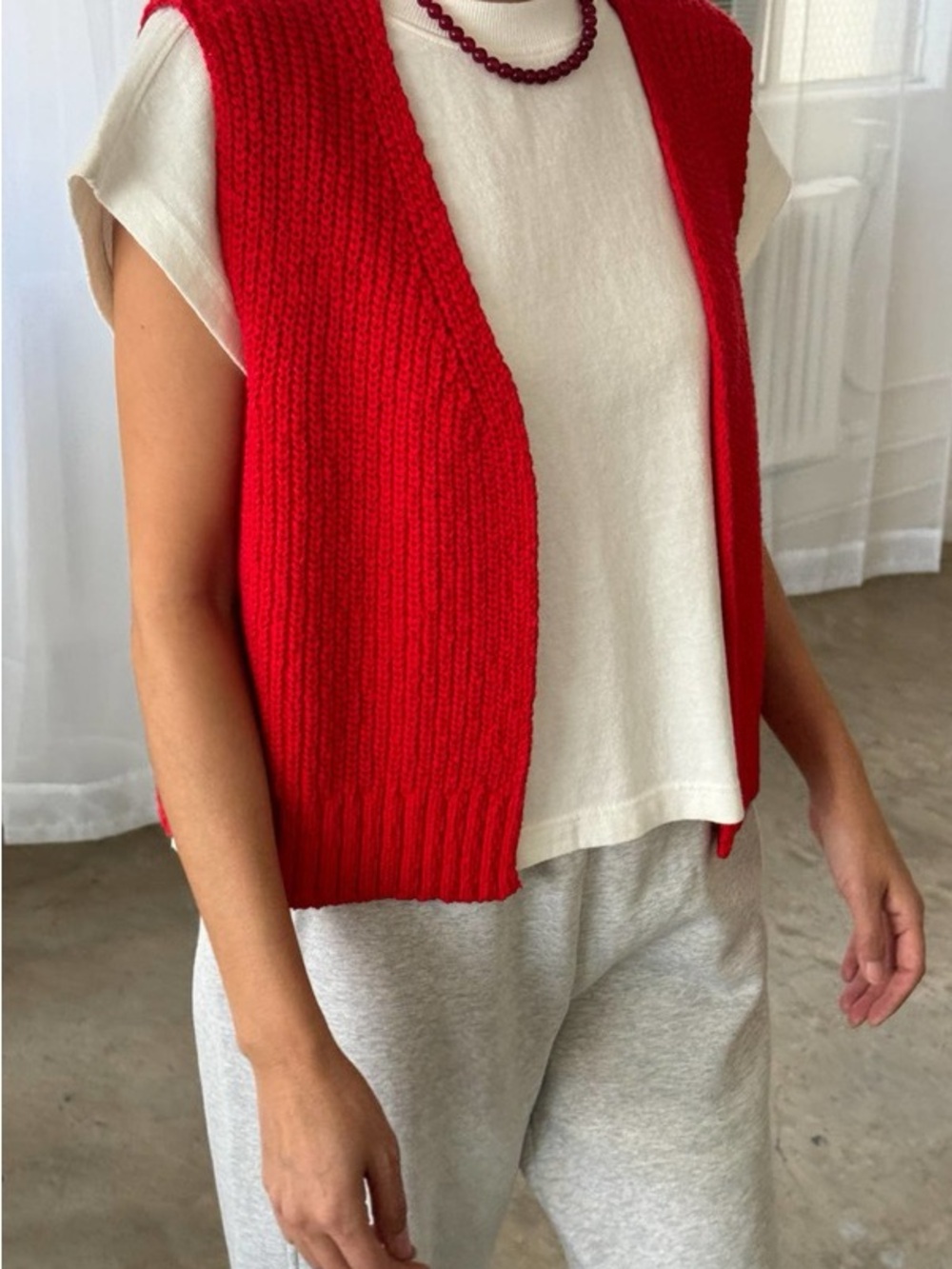 Red Knit Sleeveless Vest - Women Sweater